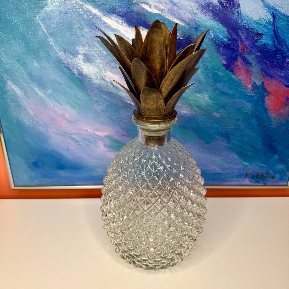 Pier 1 Imports Pineapple Decanter Clear Glass & Metal Top Vintage Discontinued
